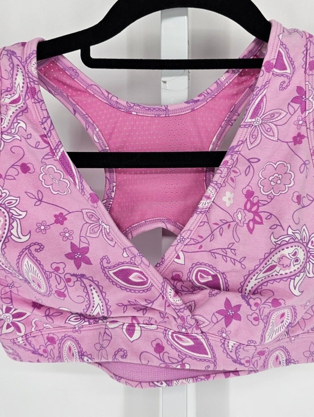 Marika Womens Sz S V Neck Sports Bra Purple Paisley Print